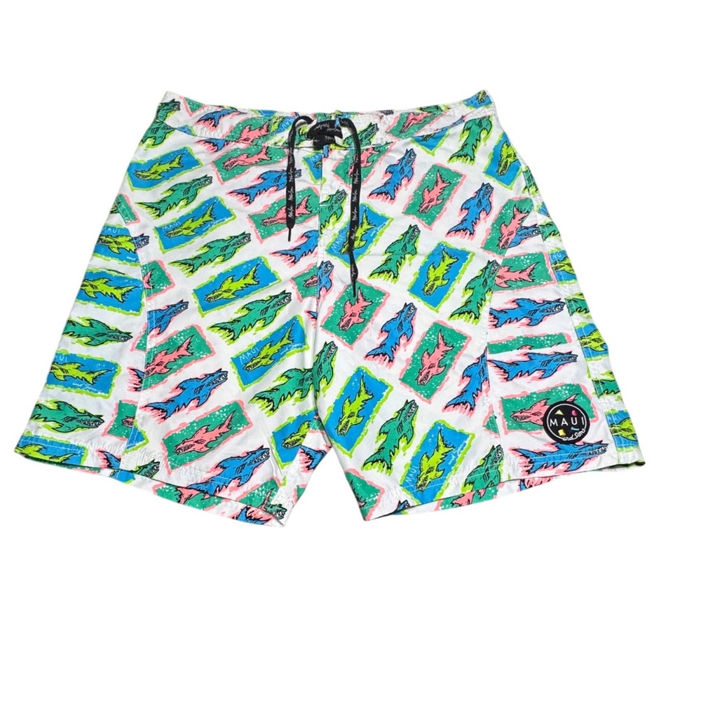 Maui and Sons Board Shorts Mens 36 Shark Print Retro 90s Surf White Multicolor